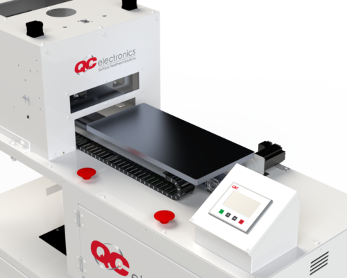 Vacuum table corona treater by QC Electronics for precision surface treatment of ultra-thin materials in laboratory settings