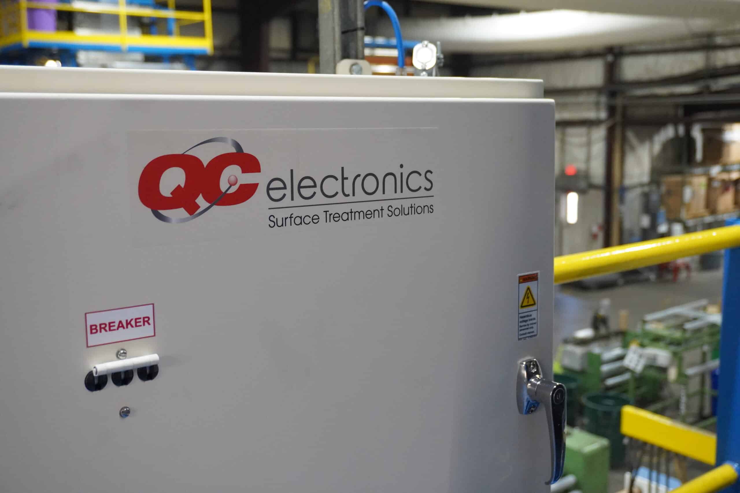 QC Electronics power supply cabinet for the generator of a corona treatment system installed on a blown film extrusion line.
