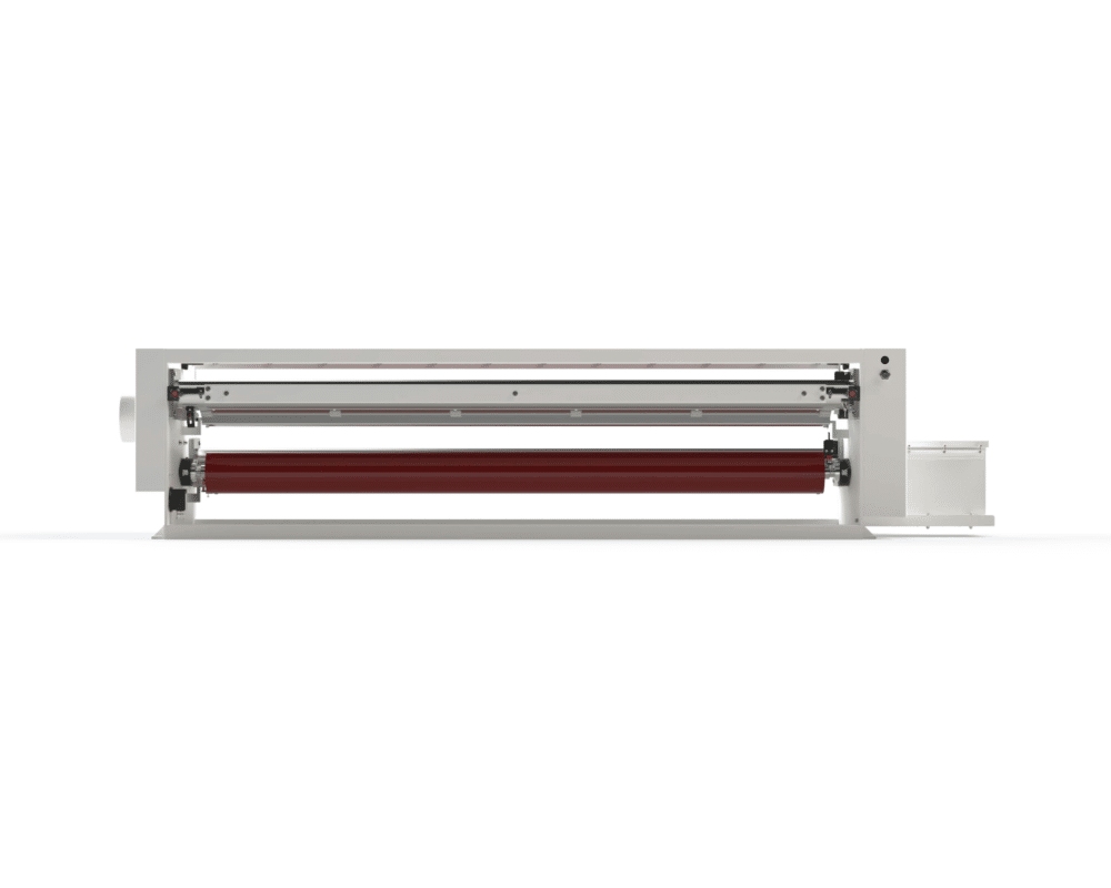 Wide-format printer/plotter with a red print roller exposed inside a white frame, viewed from the side